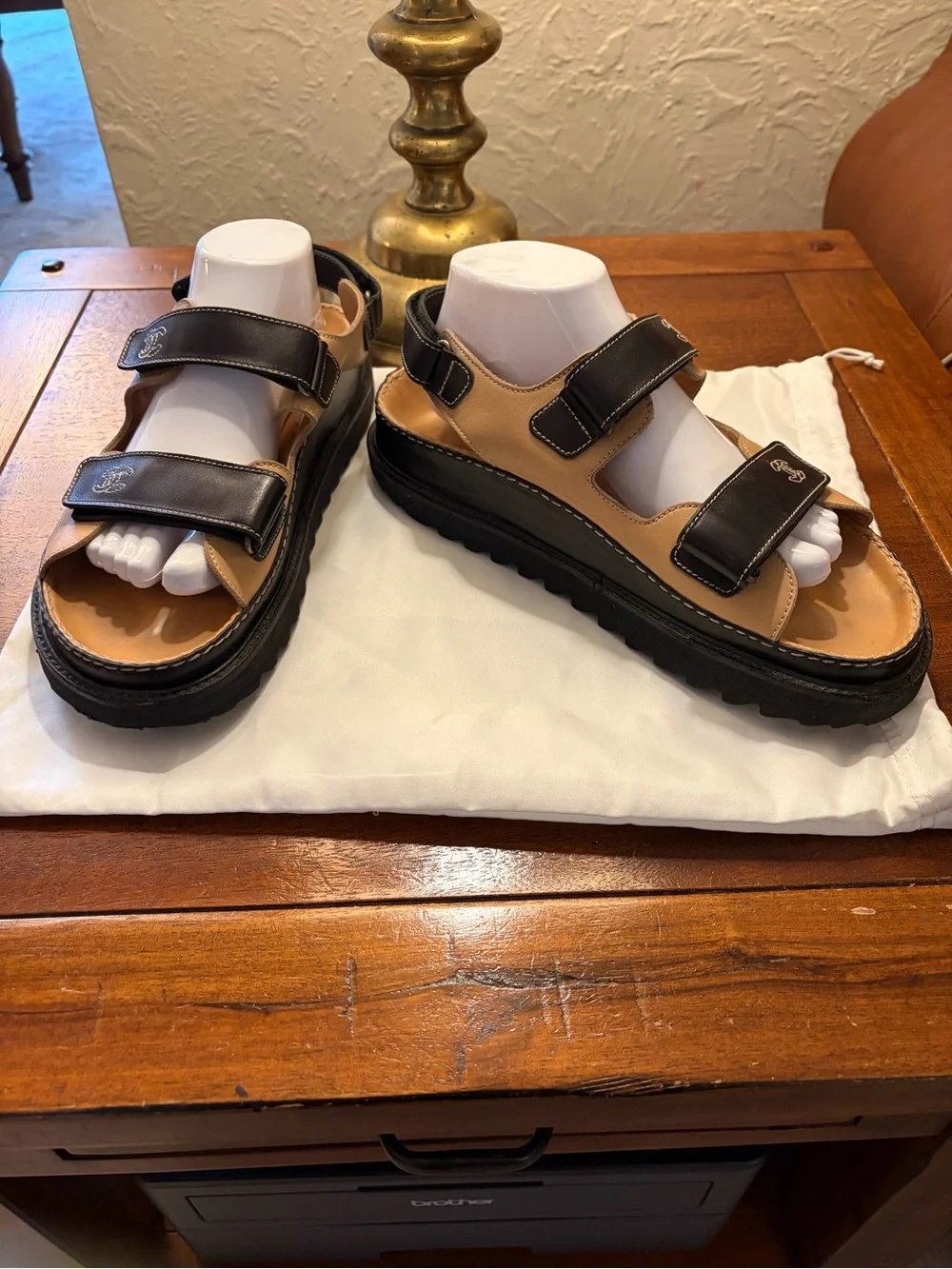 CHANEL Black and Tan Leather “Dad” Velcro Strap Sandals woman’s 10.5
